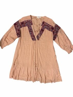 UMGEE Boho Tunic Dress with Burgundy Embroidered Yoke